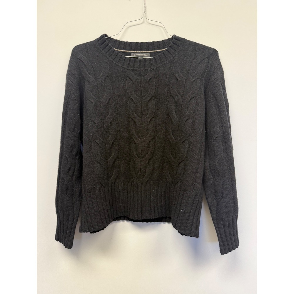 Banana Republic Black 100% Merino Wool Cable Knit Sweater Petite M Classic